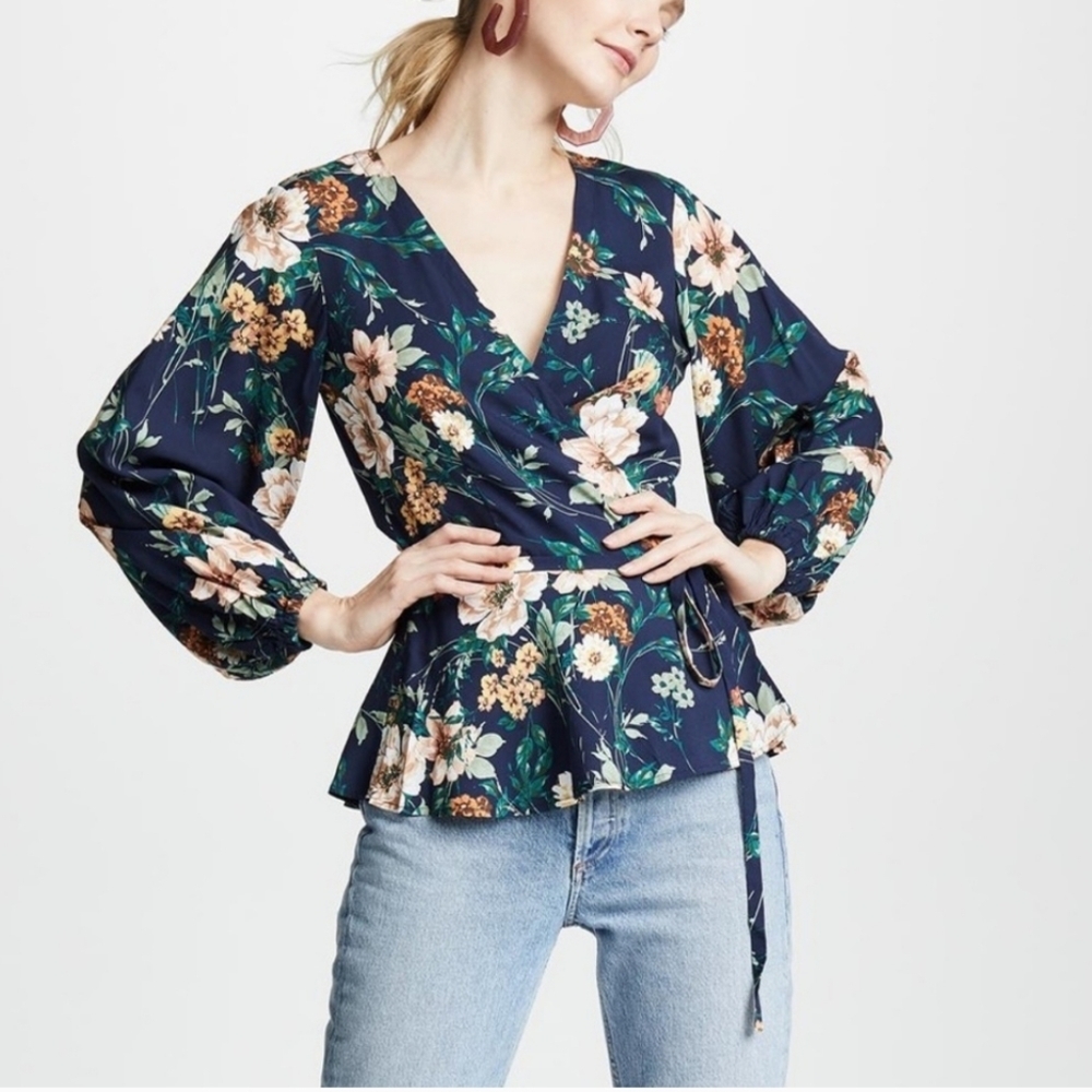Yumi Kim Floral Long Sleeve Collared Wrap Blouse Size Small